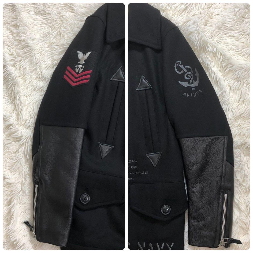 AVIREX　Pコート　切替　袖レザー　牛革　ワッペン　ダブル仕様　ブラック　L