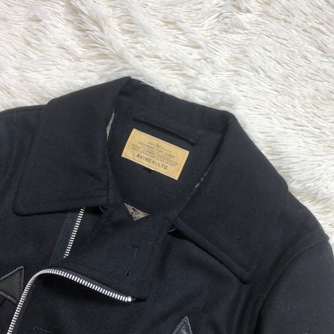 AVIREX　Pコート　切替　袖レザー　牛革　ワッペン　ダブル仕様　ブラック　L
