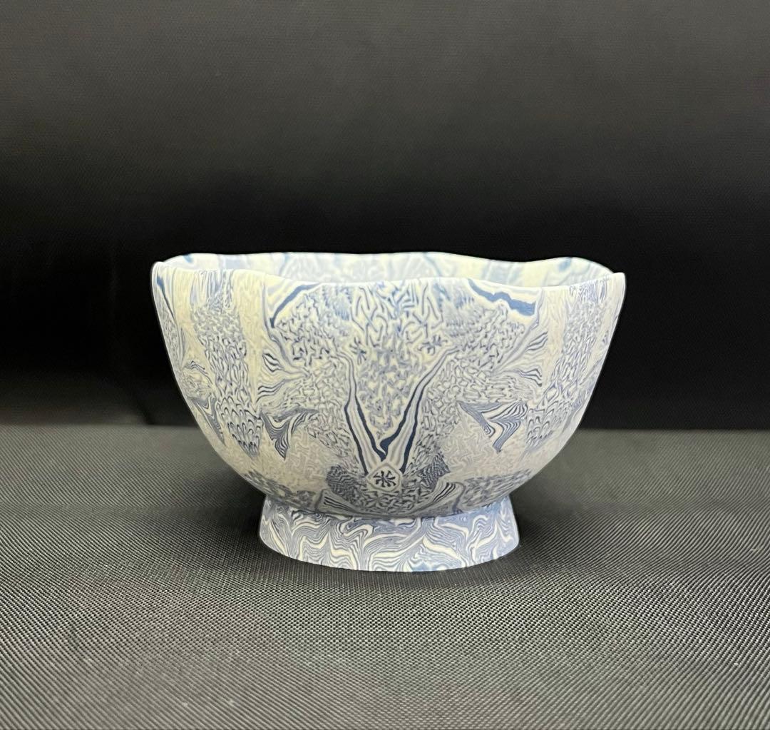 【酒器】長江哲男 練上極細酒盃 共箱 栞 ぐい呑