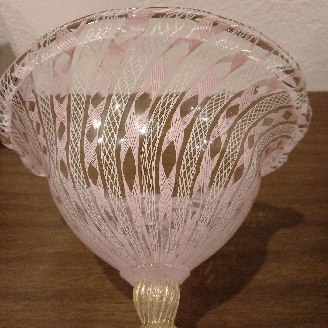 ベネチアンガラス　ムラノ　MURANO　コンポート　ピンク　レース　インテリア