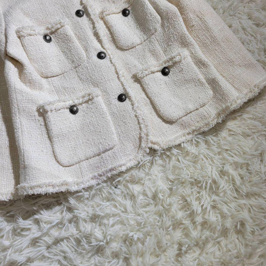 美品☆THE SHINZONE　ノーカラージャケット　ツイード　シルク混　S　白