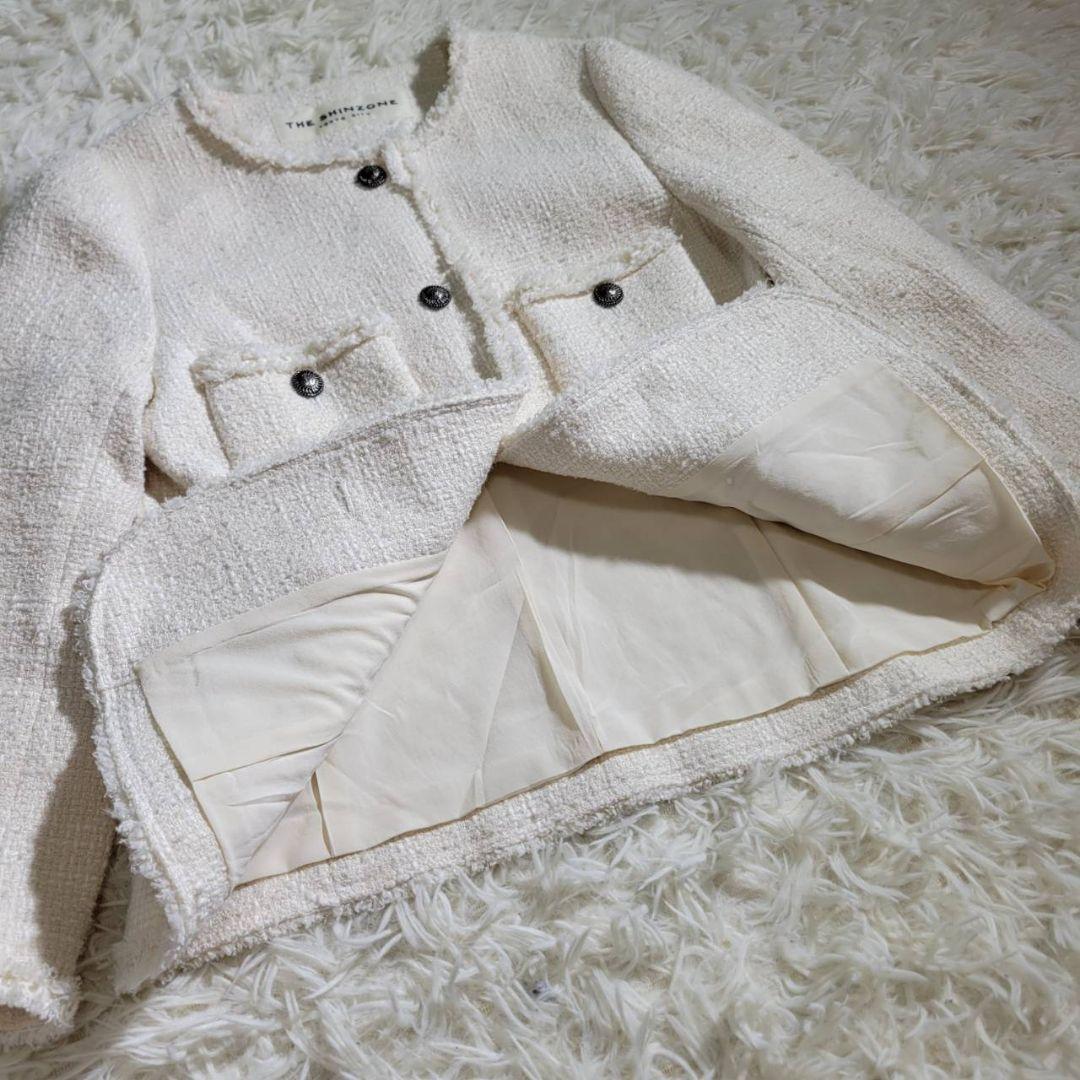 美品☆THE SHINZONE　ノーカラージャケット　ツイード　シルク混　S　白