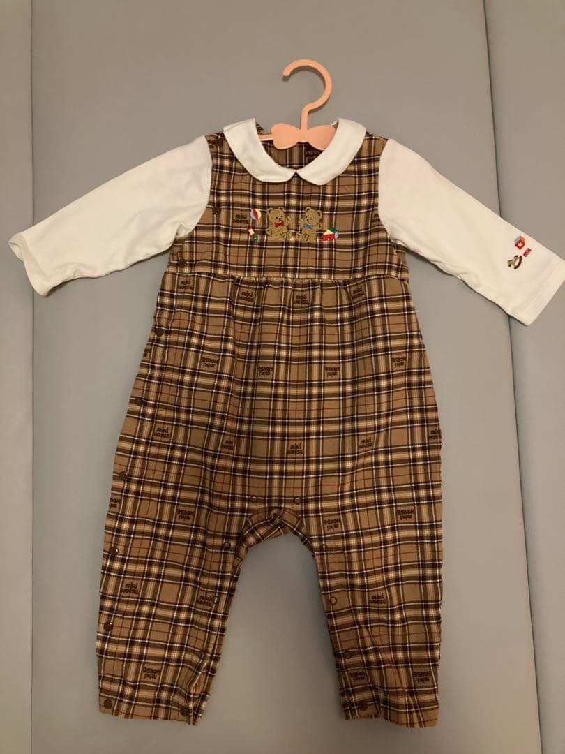 ミキハウス　チェック柄ロンパース クマ刺繍付き