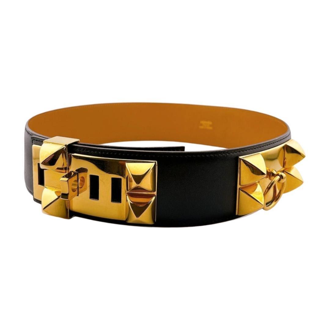 エルメス コリエドシアン メドール ベルト レザー ブラック ゴールド金具 70