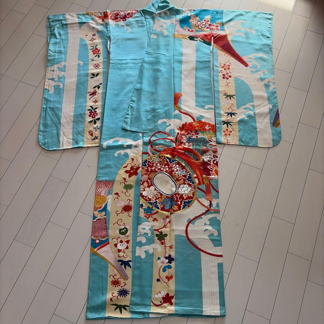 a*i様 ■E5787■アンティーク■正絹■水色　宝尽し柄　袷　小振袖■丈163