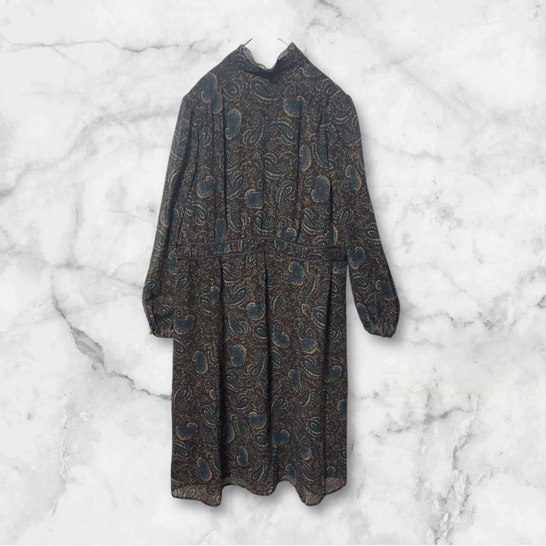 Leilian レリアン　フリルワンピース　ペーズリー柄　袖シアー　13＋