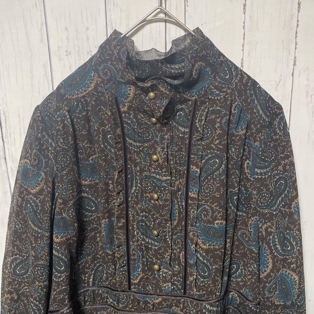 Leilian レリアン　フリルワンピース　ペーズリー柄　袖シアー　13＋