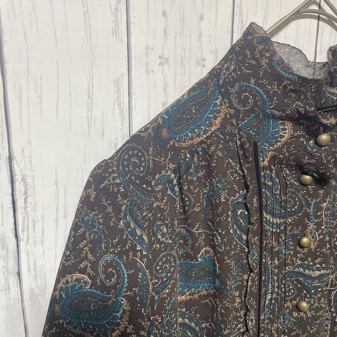 Leilian レリアン　フリルワンピース　ペーズリー柄　袖シアー　13＋