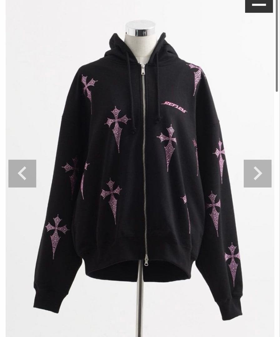 REFLEM/レフレム』クロス総柄ラインストーンZIPパーカー/黒×ピンク