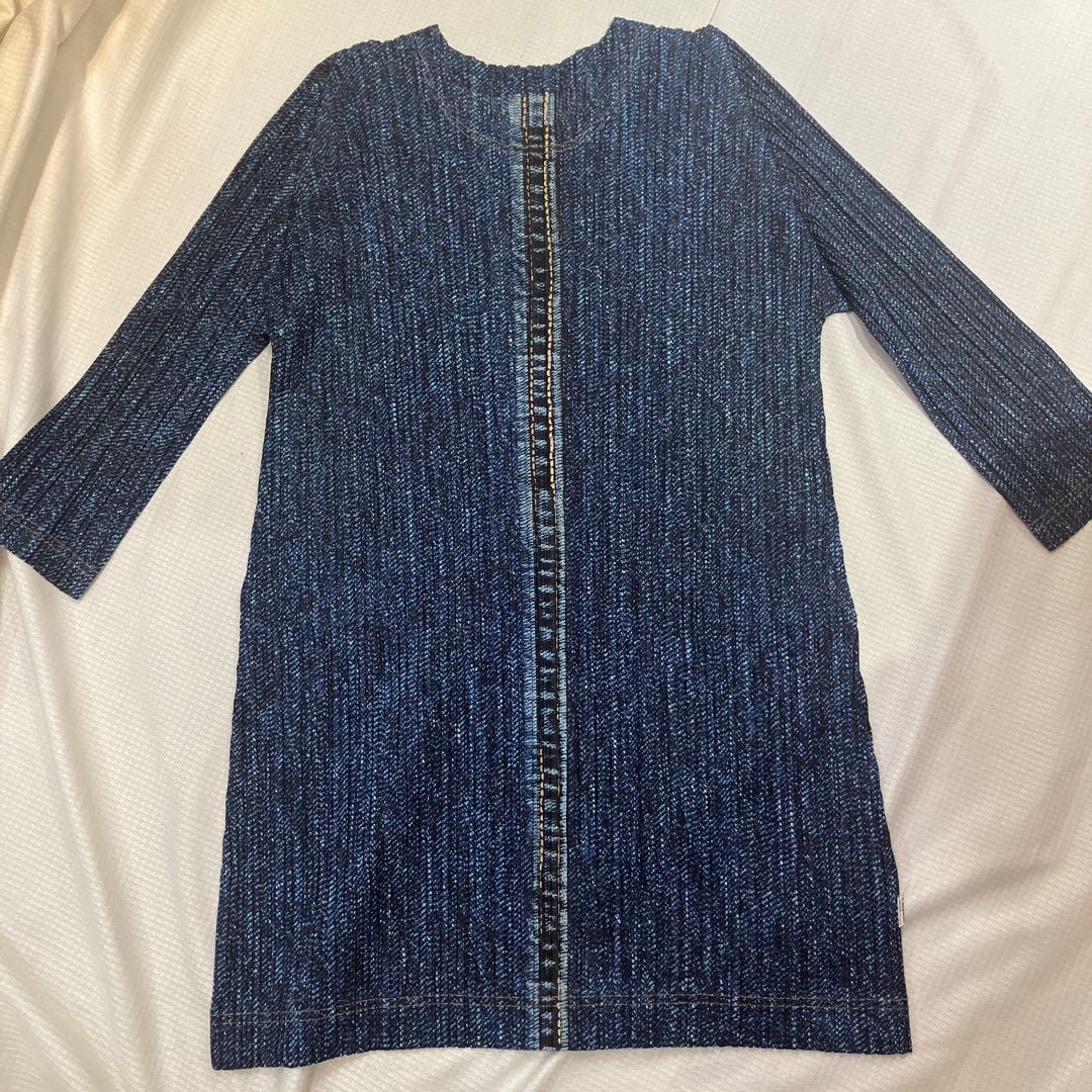 プリーツプリーツデニム柄ロングジャケット+チュニックワンピース