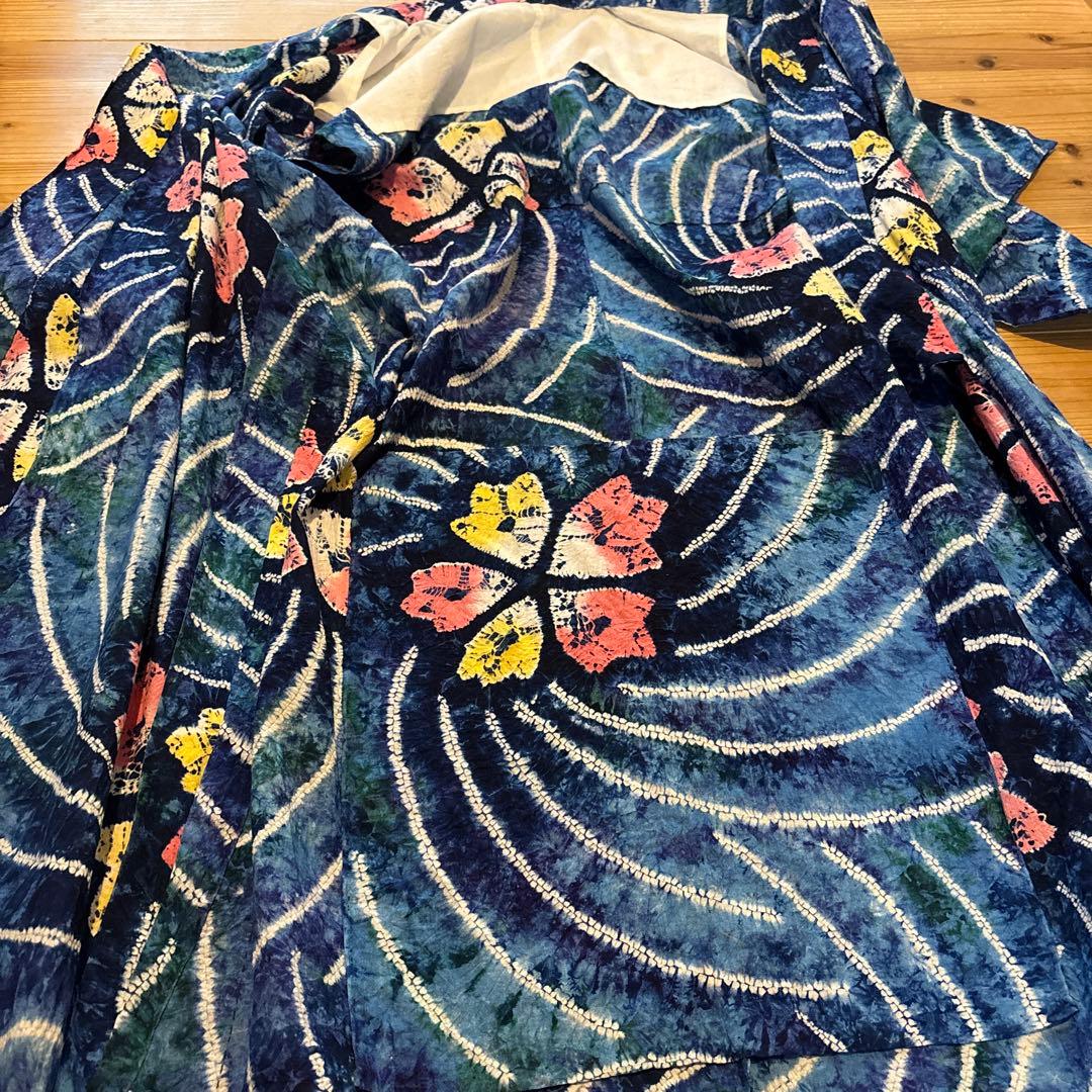 有松鳴海絞り浴衣 稀少 撫子 手縫い 藍染 ヴィンテージ 絞り 浴衣