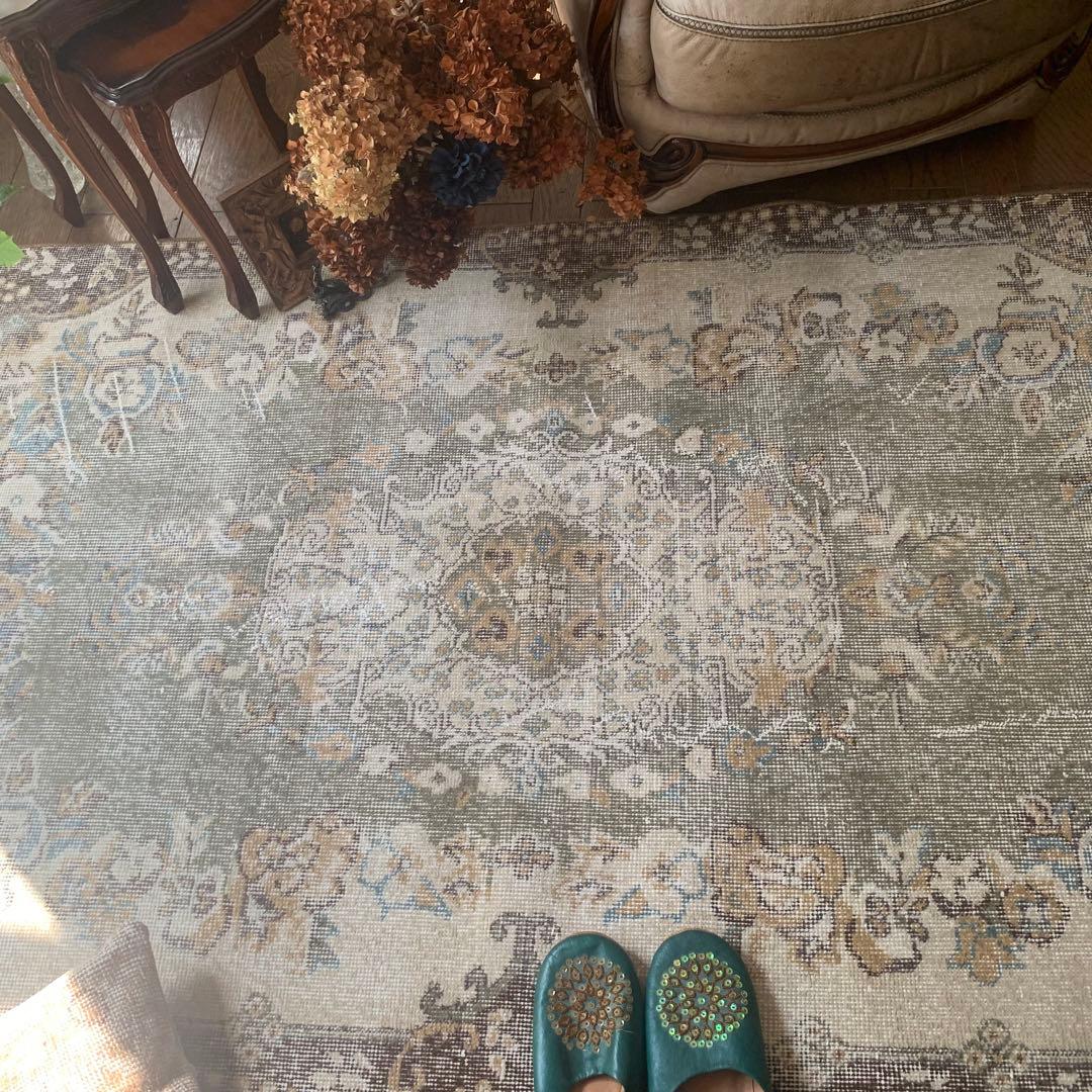 トルコヴィンテージラグ　超レア　スモーキーグリーン　193×116 ボタニカル