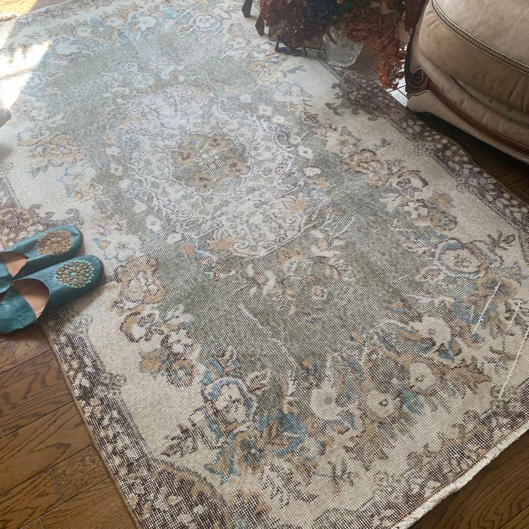 トルコヴィンテージラグ　超レア　スモーキーグリーン　193×116 ボタニカル