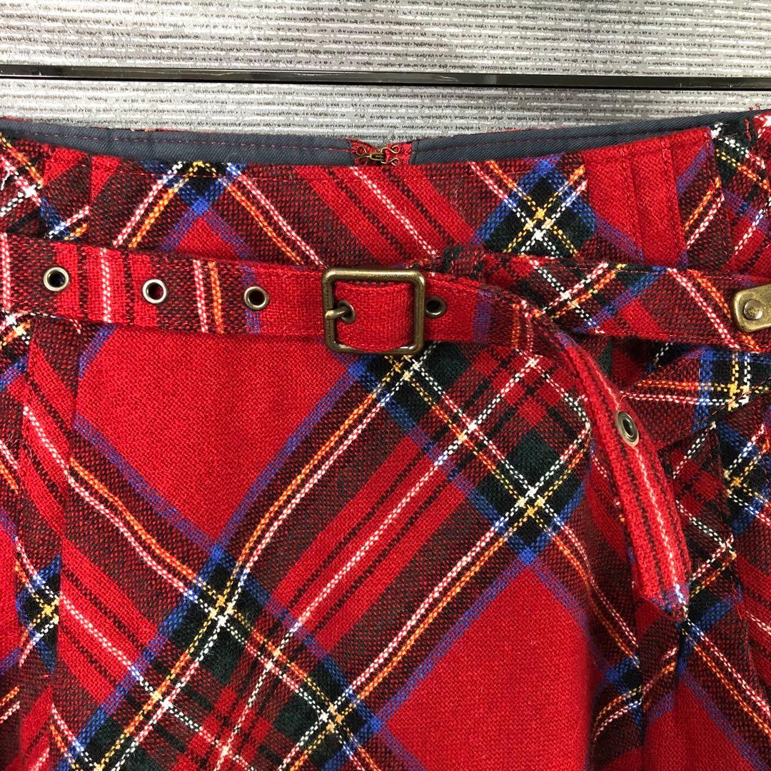 BURBERRY タータンチェック ウール フレア ミニスカート 36 レッド