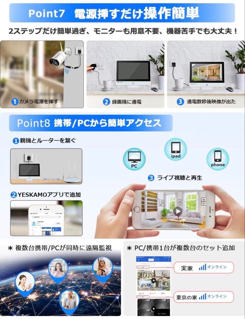 YESKAMO 屋外用　防犯カメラ　300万画素　2台 人感センサーライト付き