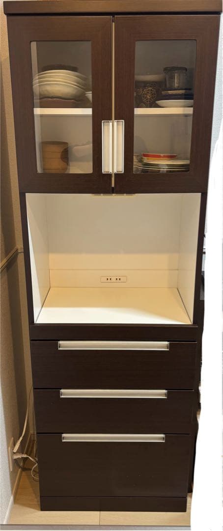 ダークブラウン 食器棚 3段引き出し 一人暮らし, キッチン収納　幅60cm