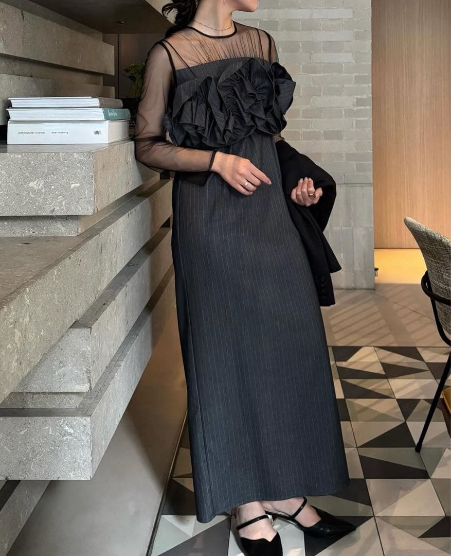 Wavy frill bustier stripe dress サイズM