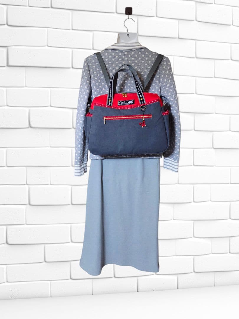 ボストン型3way バッグ(L)　帆布×ドット　ハンドメイド