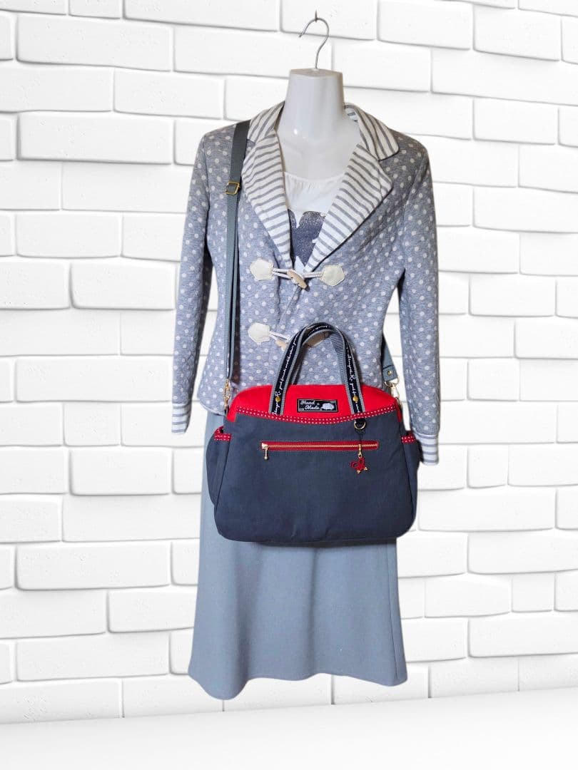 ボストン型3way バッグ(L)　帆布×ドット　ハンドメイド