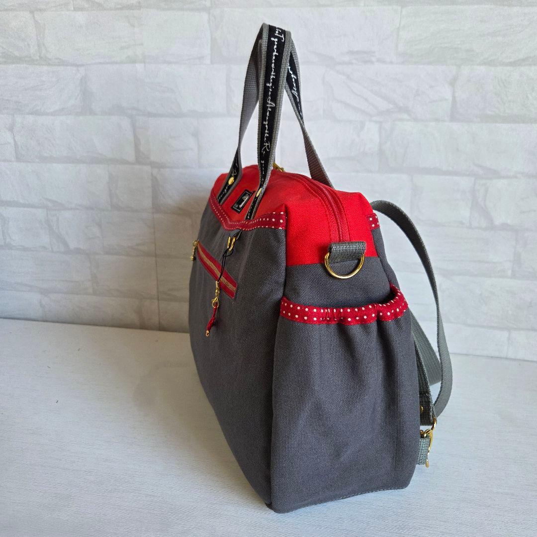 ボストン型3way バッグ(L)　帆布×ドット　ハンドメイド