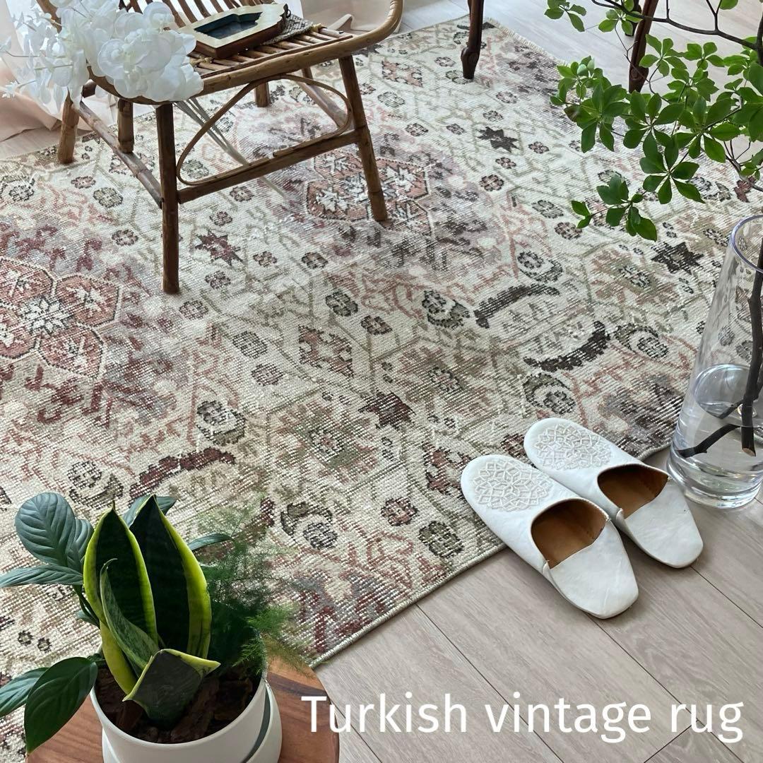 アールデコ調109×146✳︎モーブピンク　クローバー　トルコヴィンテージラグ