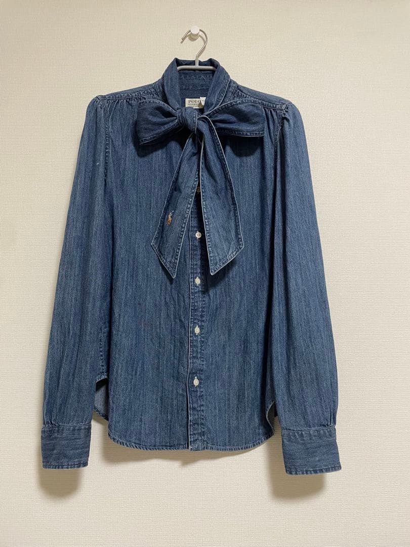 現行ラルフローレン　ボウタイリボンデニムシャツ ダンガリーシャツ