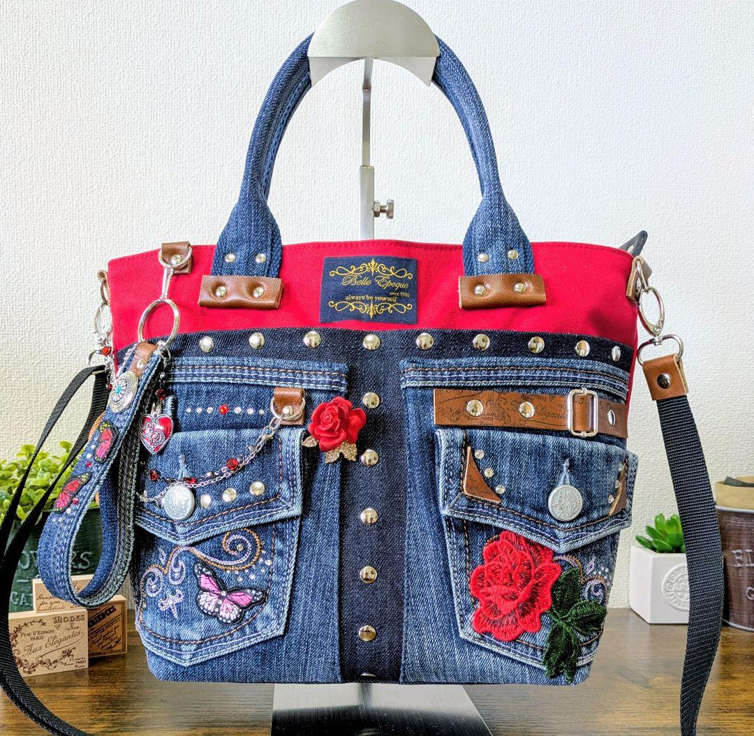 デニムリメイク 2wayトート｜薔薇×バタフライ刺繍・ポケットたくさん・底鋲付き
