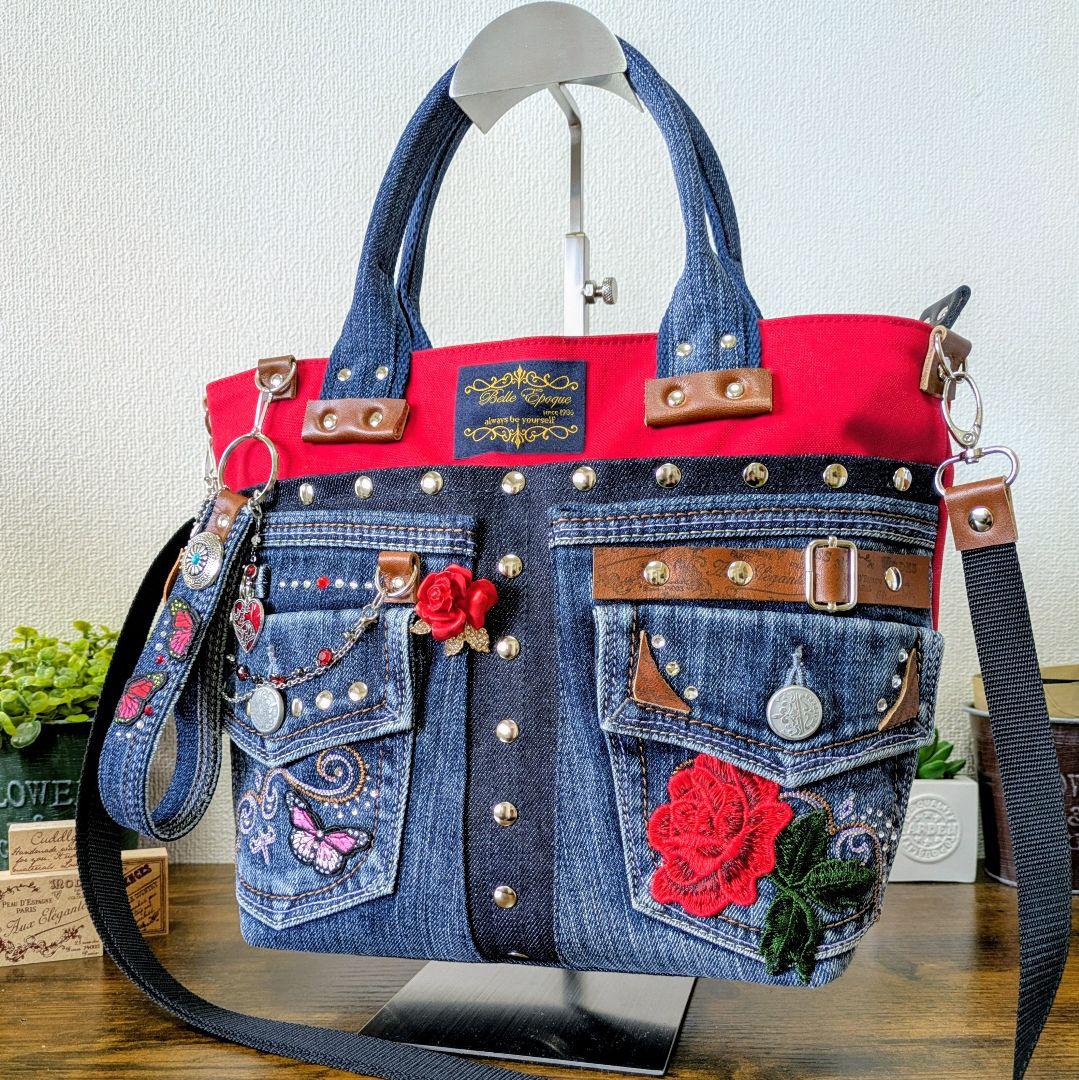 デニムリメイク 2wayトート｜薔薇×バタフライ刺繍・ポケットたくさん・底鋲付き