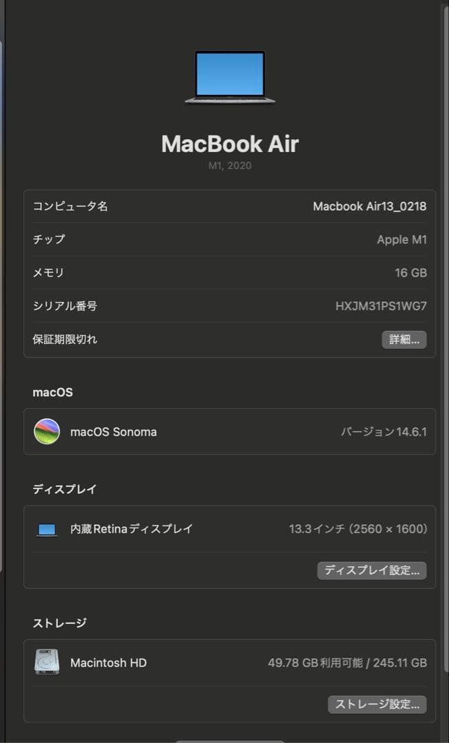 Apple MacBook Air スペースグレーM1 16GB 256GB