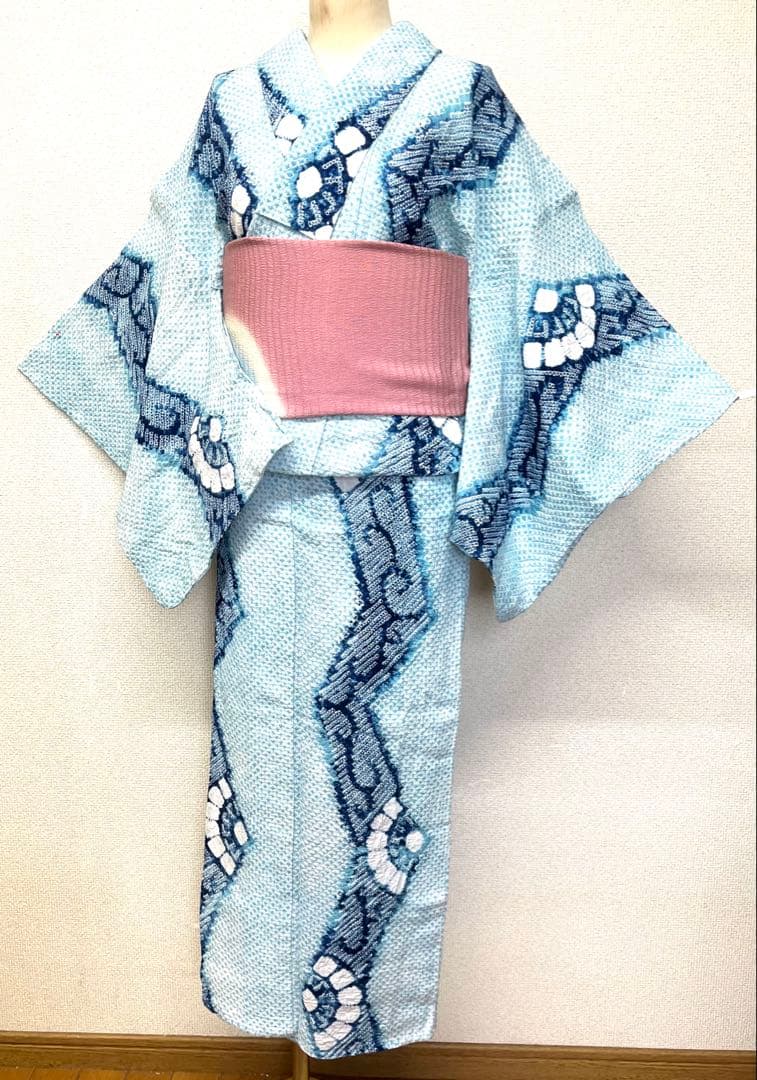 有松鳴海絞り　浴衣　広衿仕立て　水色　（215）