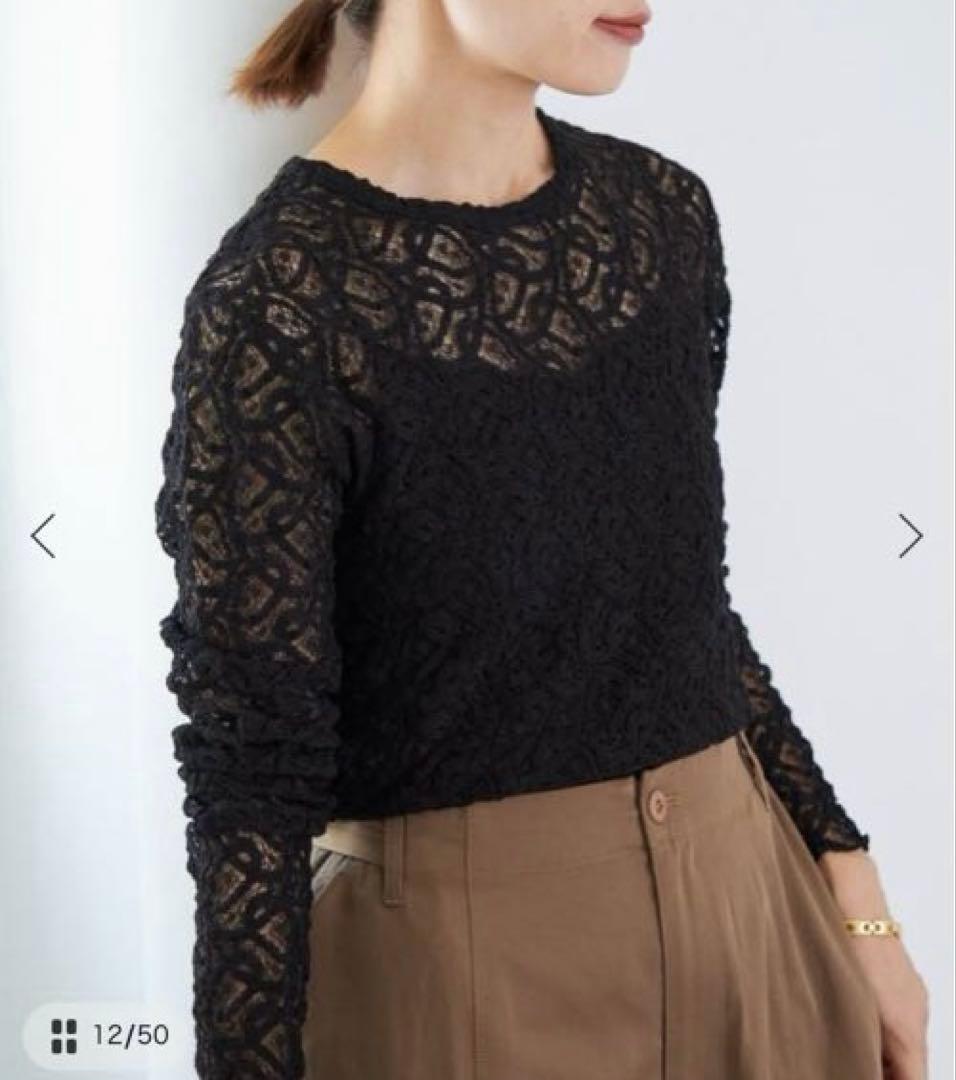 ペイズリーストレッチレースプルオーバー　ブラック