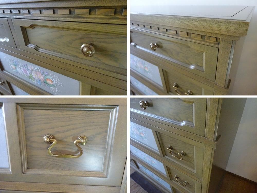 神戸洋家具/伊藤家具　4段チェスト　整理箪笥　オーク無垢材　花図柄刺繍