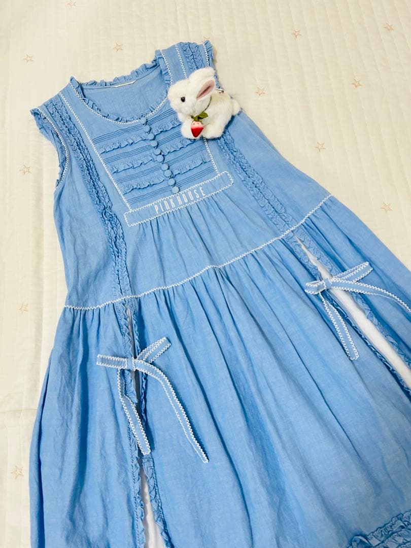 ピンクハウス　ダンガリー　ダブリエ　ワンピース　ロゴ刺繍　ピコフリル　二枚仕立て