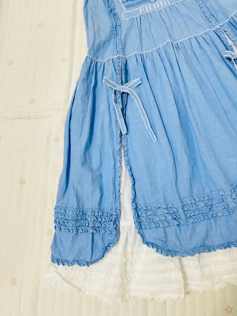 ピンクハウス　ダンガリー　ダブリエ　ワンピース　ロゴ刺繍　ピコフリル　二枚仕立て