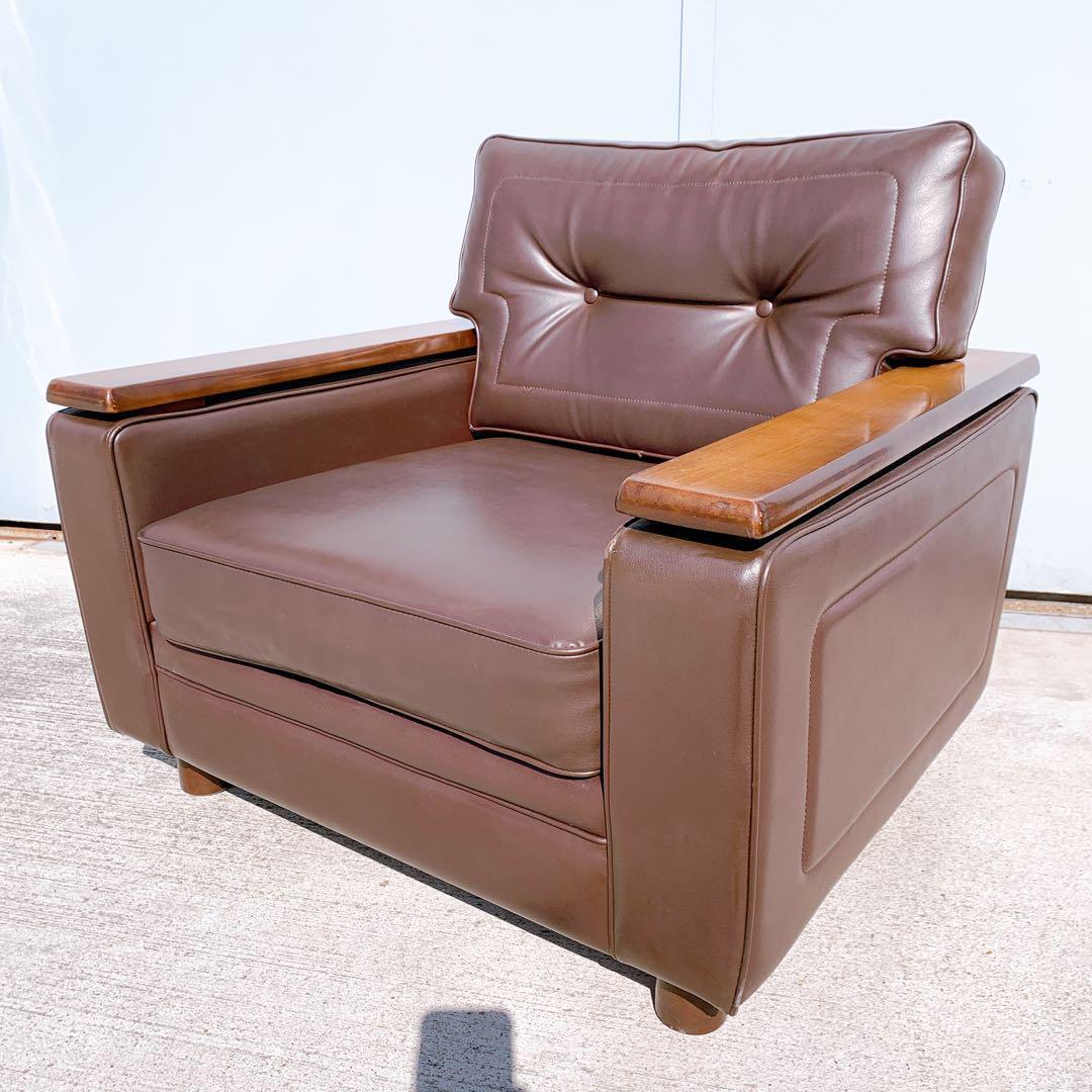 【送料無料】Karimoku カリモク レザー 1人掛けソファ 昭和レトロ 茶②