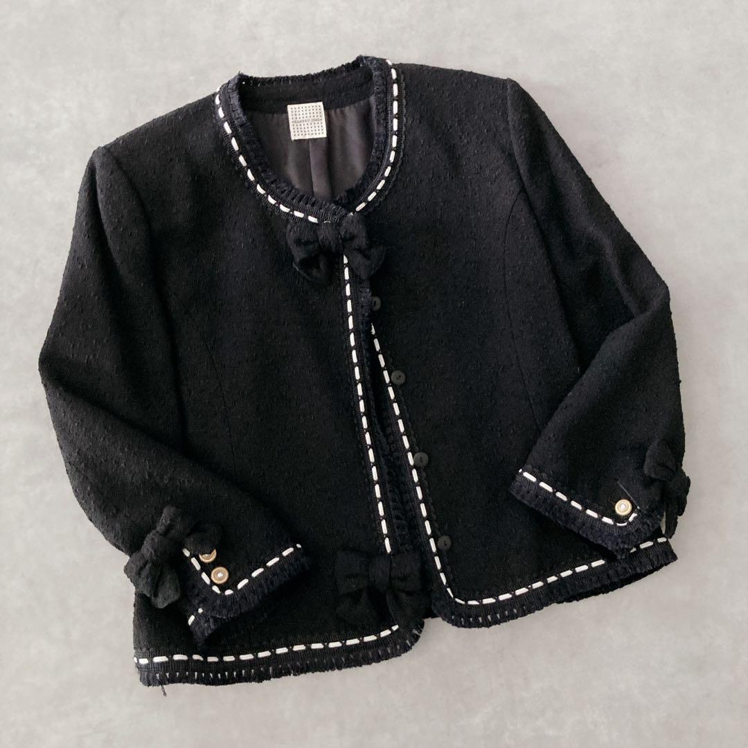 【希少】カネコイサオ　ツイードジャケット　黒　リボン　ノーカラージャケット