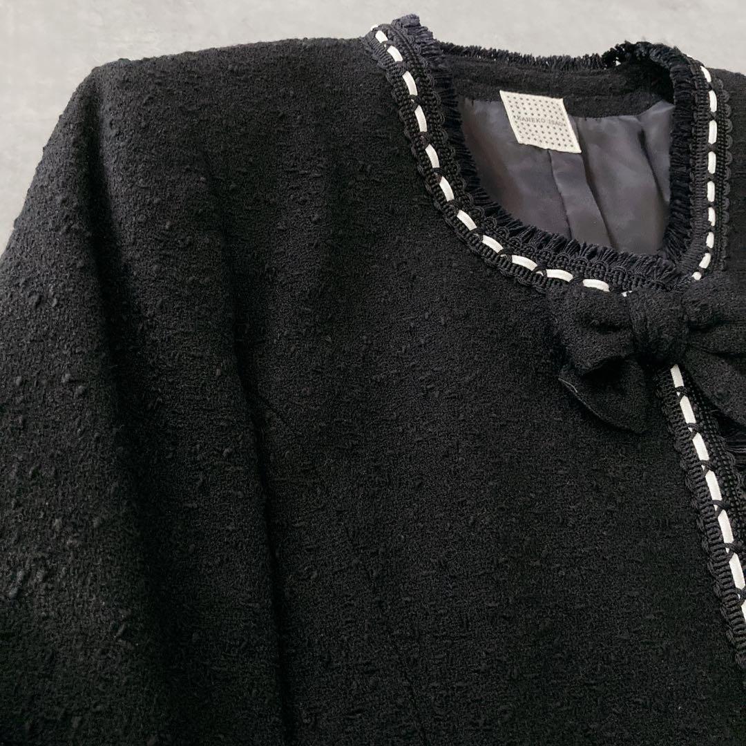 【希少】カネコイサオ　ツイードジャケット　黒　リボン　ノーカラージャケット