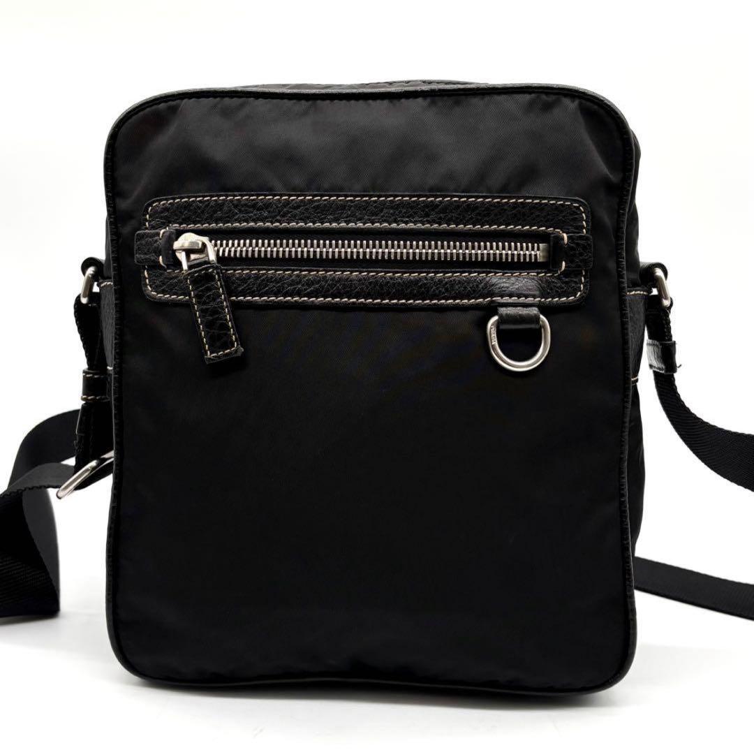 【美品】希少 プラダ ショルダーバッグ ナイロン レザー 三角ロゴ 斜め掛け 黒