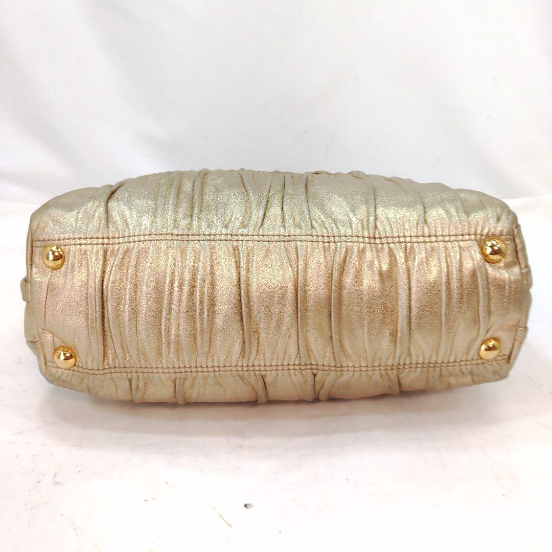 【美品】プラダ ハンドバッグ がま口 ギャザー レザー ギャラ付 ゴールド