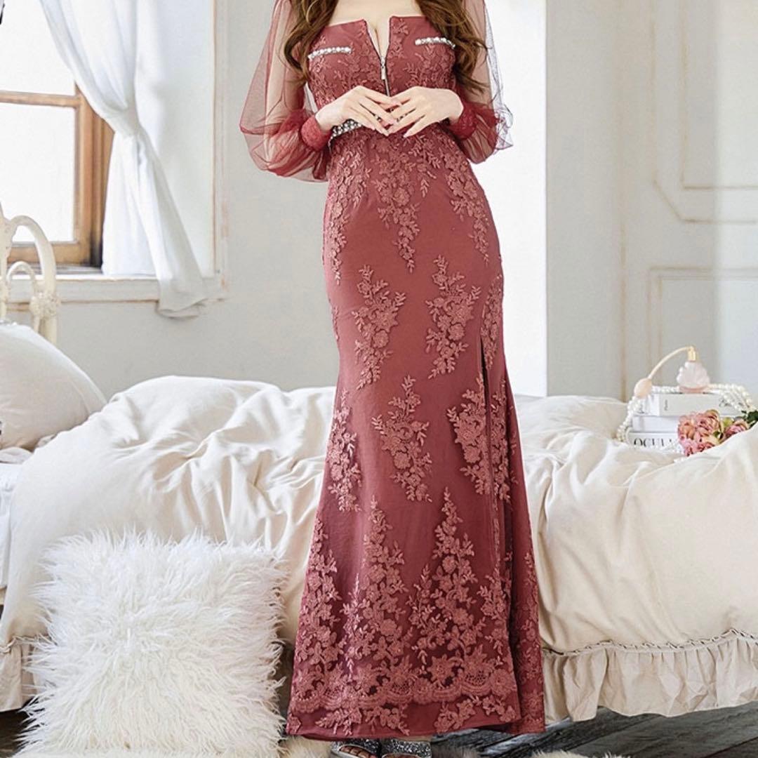 JEWELS バーガンディ刺繍ドレス