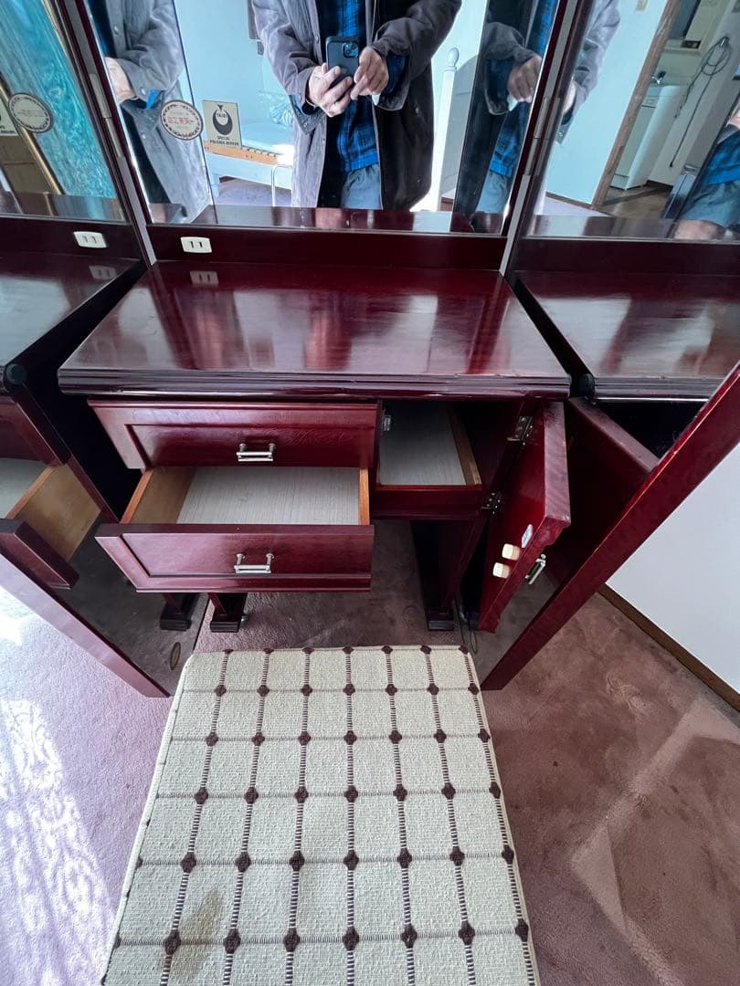 コ*ユ様 ワインレッド三面鏡ドレッサー 引き出し付き(最高級銅引鏡ミエミラー)