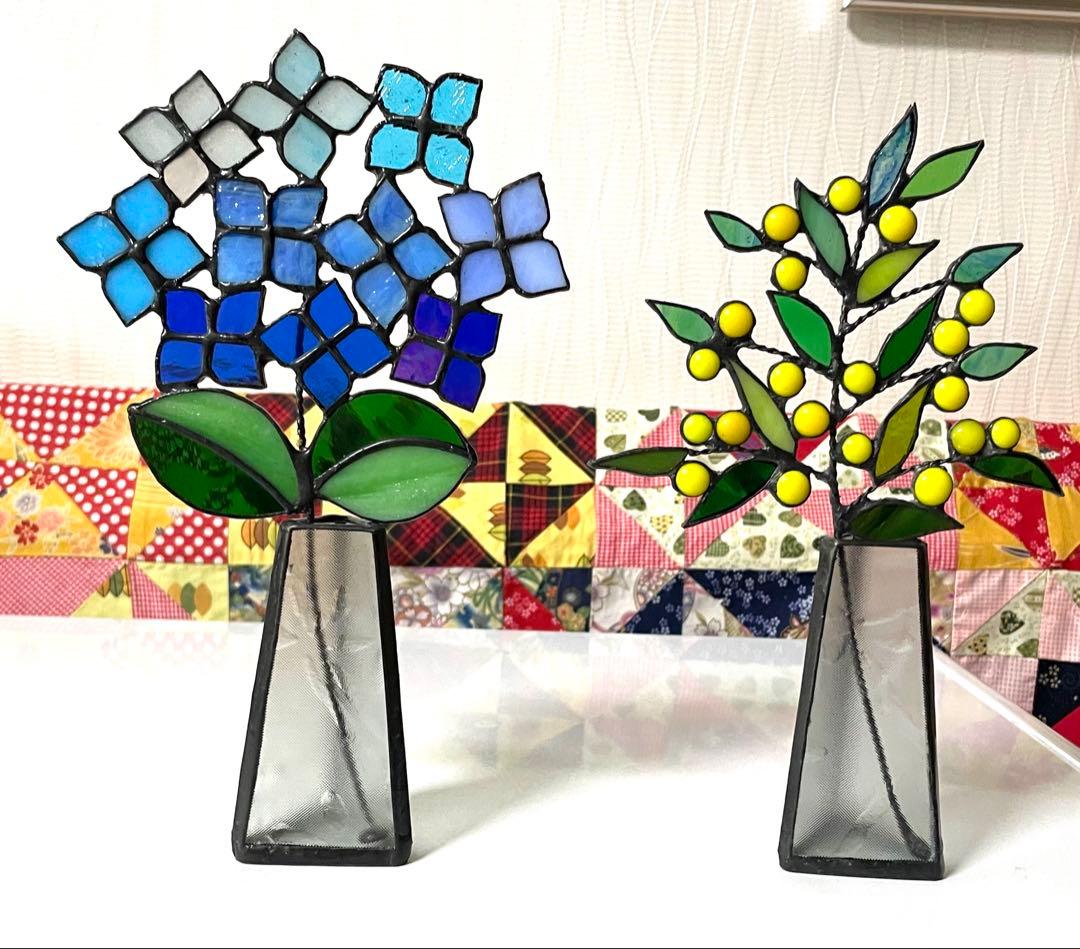 ステンドグラス花瓶＆紫陽花.ミモザ