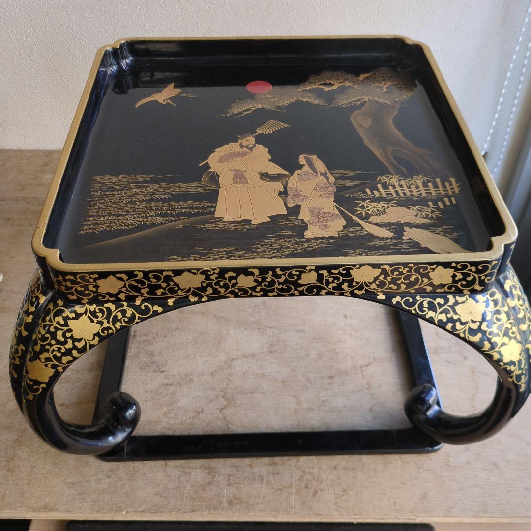 骨董 お膳 蒔絵 猫脚 高脚 木製 漆器 縁起柄 鶴亀 膳 台 飾り台 豪華