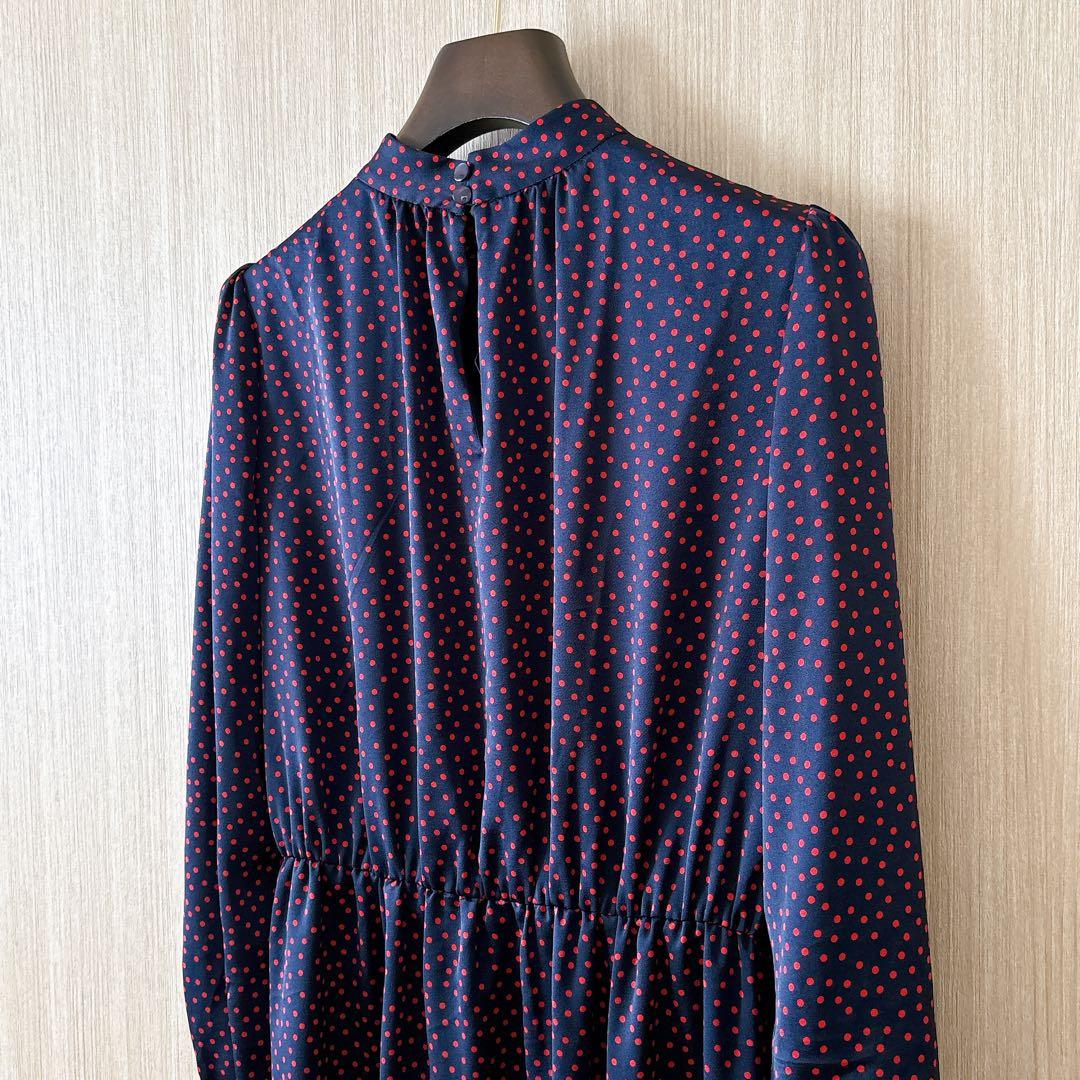 【747】美品　アナイ　サテンドットプリントタイ　ワンピース　濃紺　赤　36