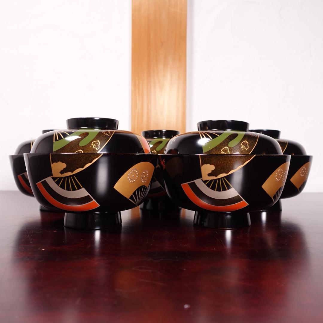 輪島塗 黒塗 扇蒔絵 煮物椀 5客 共箱 天然木製漆器