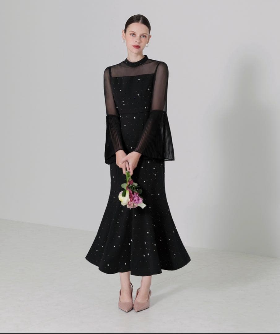 【soyu】LEJAパールビジュープリーツフレアスリーブマーメイドワンピー