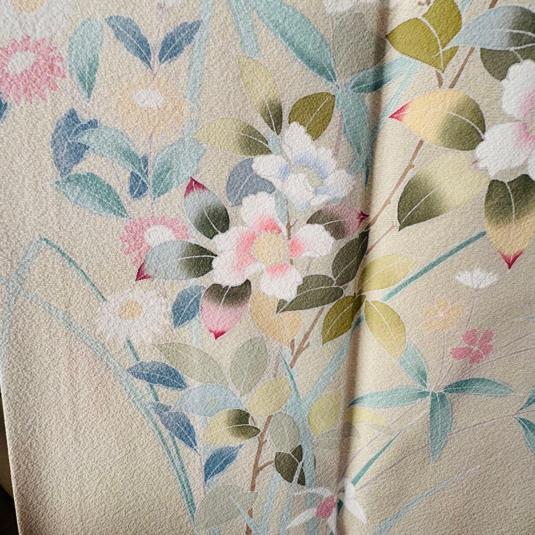 超美品　正絹　袷　訪問着　着物　着丈161　裄66　クリーム　黄緑　水色　ピンク