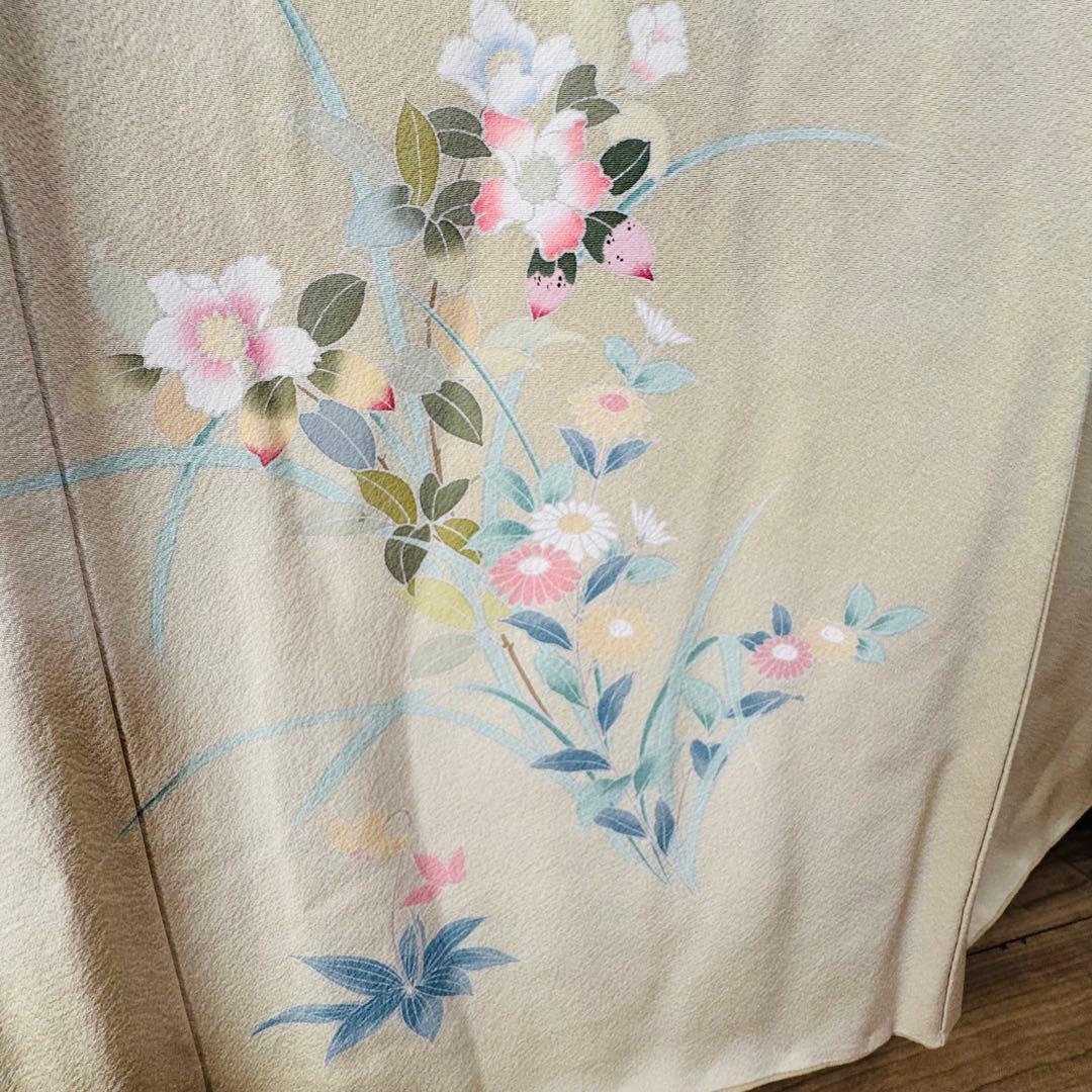 超美品　正絹　袷　訪問着　着物　着丈161　裄66　クリーム　黄緑　水色　ピンク