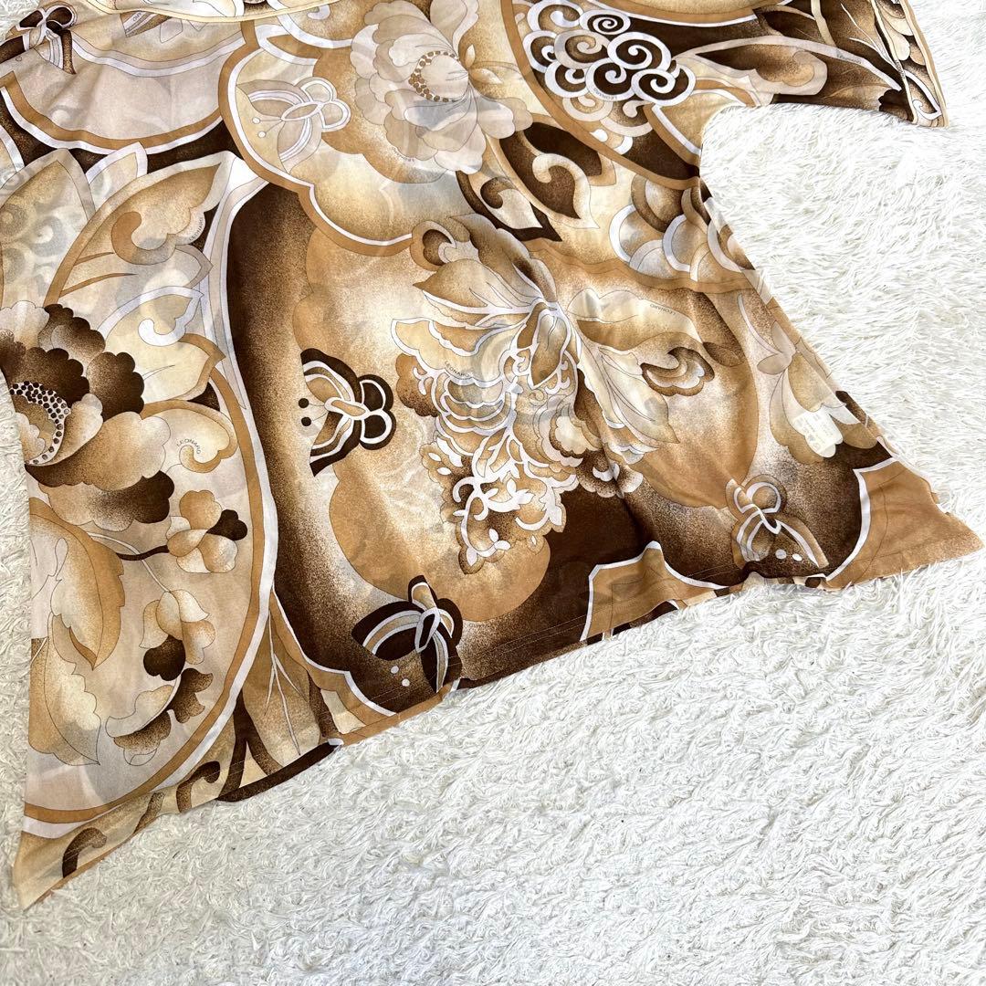 【美品】レオナール トップス カンカン素材 花柄 総柄 ブラウン系 L