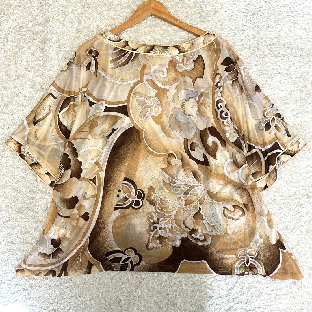 【美品】レオナール トップス カンカン素材 花柄 総柄 ブラウン系 L